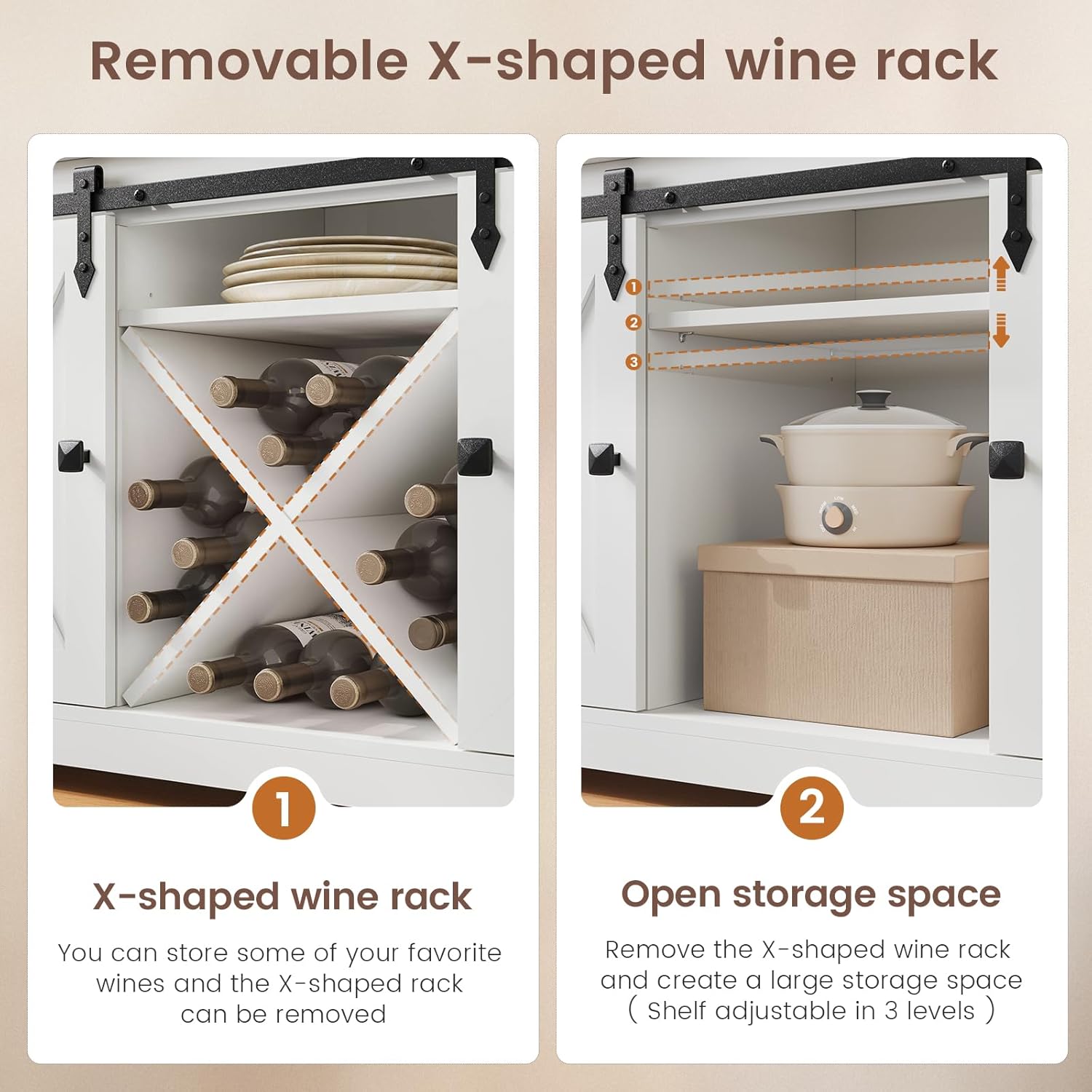 DICTAC Farmhouse Buffet Cabinet with Storage Coffee Bar Station Cabinet with Power Outlet and LED Light, Tall Bar Cabinets with Sliding Barn Door and Wine Glass Rack for Kitchen, Living Room,White - Grand Goldman