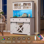 DICTAC Farmhouse Buffet Cabinet with Storage Coffee Bar Station Cabinet with Power Outlet and LED Light, Tall Bar Cabinets with Sliding Barn Door and Wine Glass Rack for Kitchen, Living Room,White - Grand Goldman