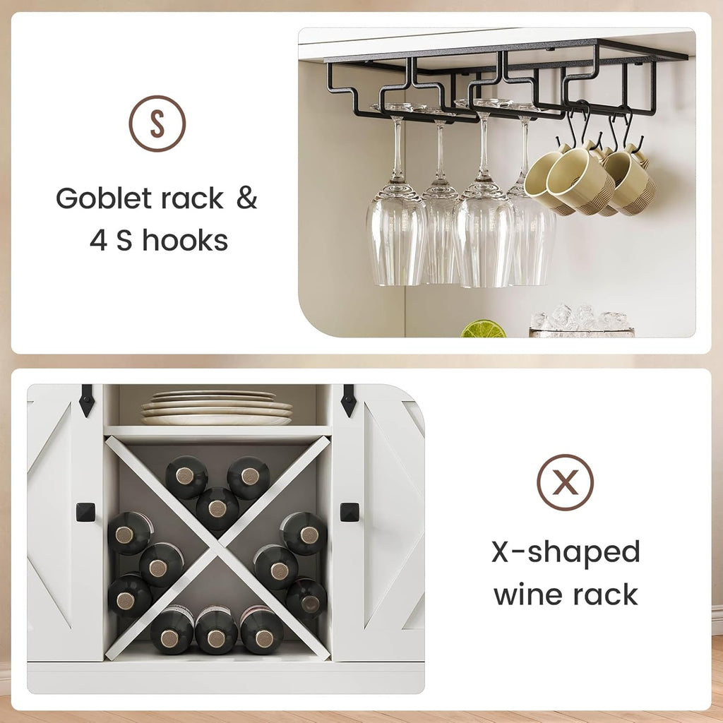 DICTAC Farmhouse Buffet Cabinet with Storage Coffee Bar Station Cabinet with Power Outlet and LED Light, Tall Bar Cabinets with Sliding Barn Door and Wine Glass Rack for Kitchen, Living Room,White - Grand Goldman
