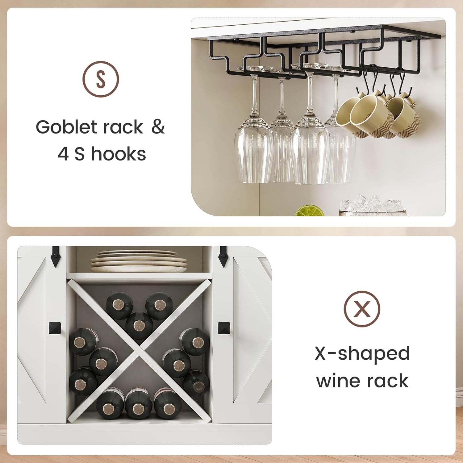 DICTAC Farmhouse Buffet Cabinet with Storage Coffee Bar Station Cabinet with Power Outlet and LED Light, Tall Bar Cabinets with Sliding Barn Door and Wine Glass Rack for Kitchen, Living Room,White - Grand Goldman