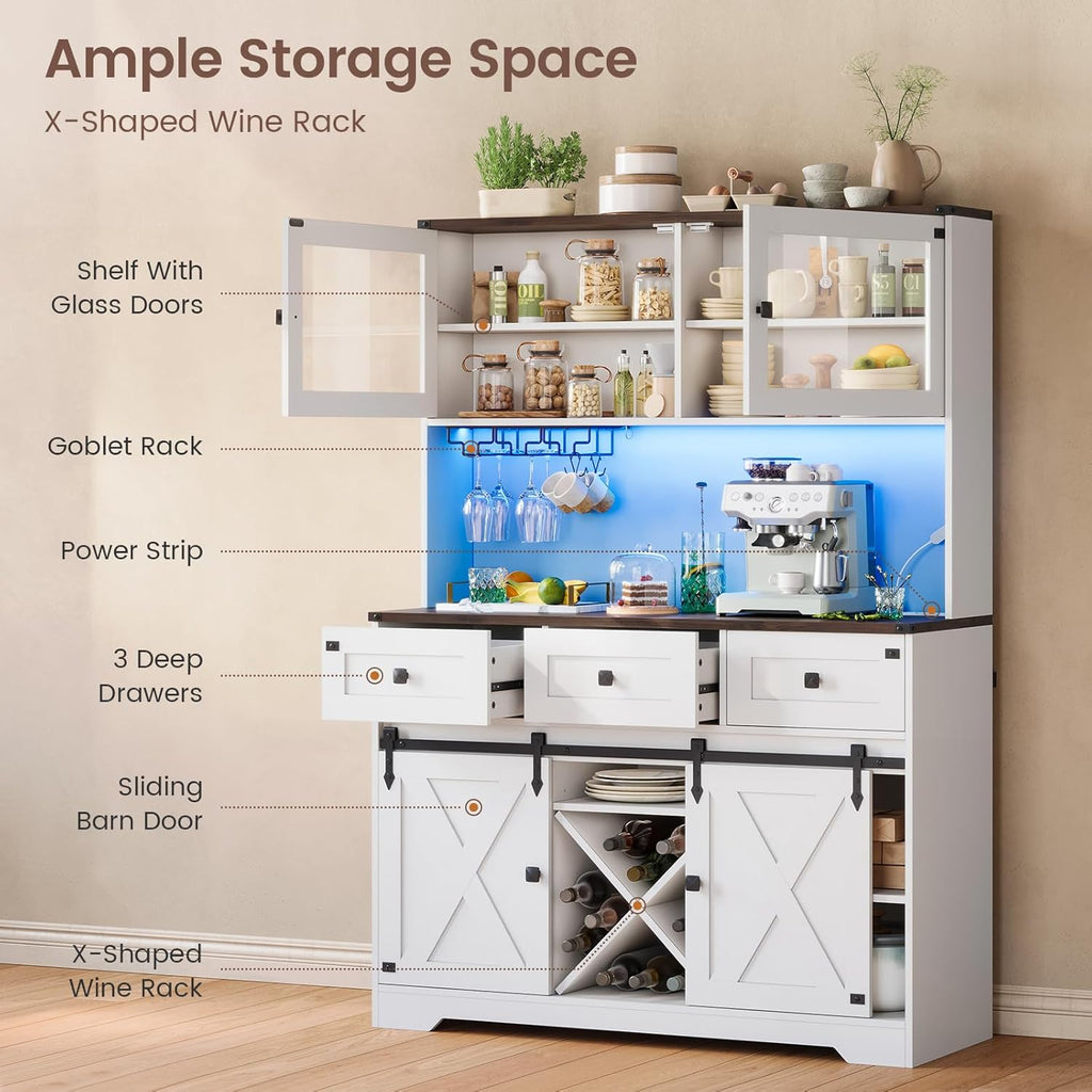 DICTAC Farmhouse Buffet Cabinet with Storage Coffee Bar Station Cabinet with Power Outlet and LED Light, Tall Bar Cabinets with Sliding Barn Door and Wine Glass Rack for Kitchen, Living Room,White - Grand Goldman
