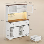DICTAC Farmhouse Buffet Cabinet with Storage Coffee Bar Station Cabinet with Power Outlet and LED Light, Tall Bar Cabinets with Sliding Barn Door and Wine Glass Rack for Kitchen, Living Room,White - Grand Goldman