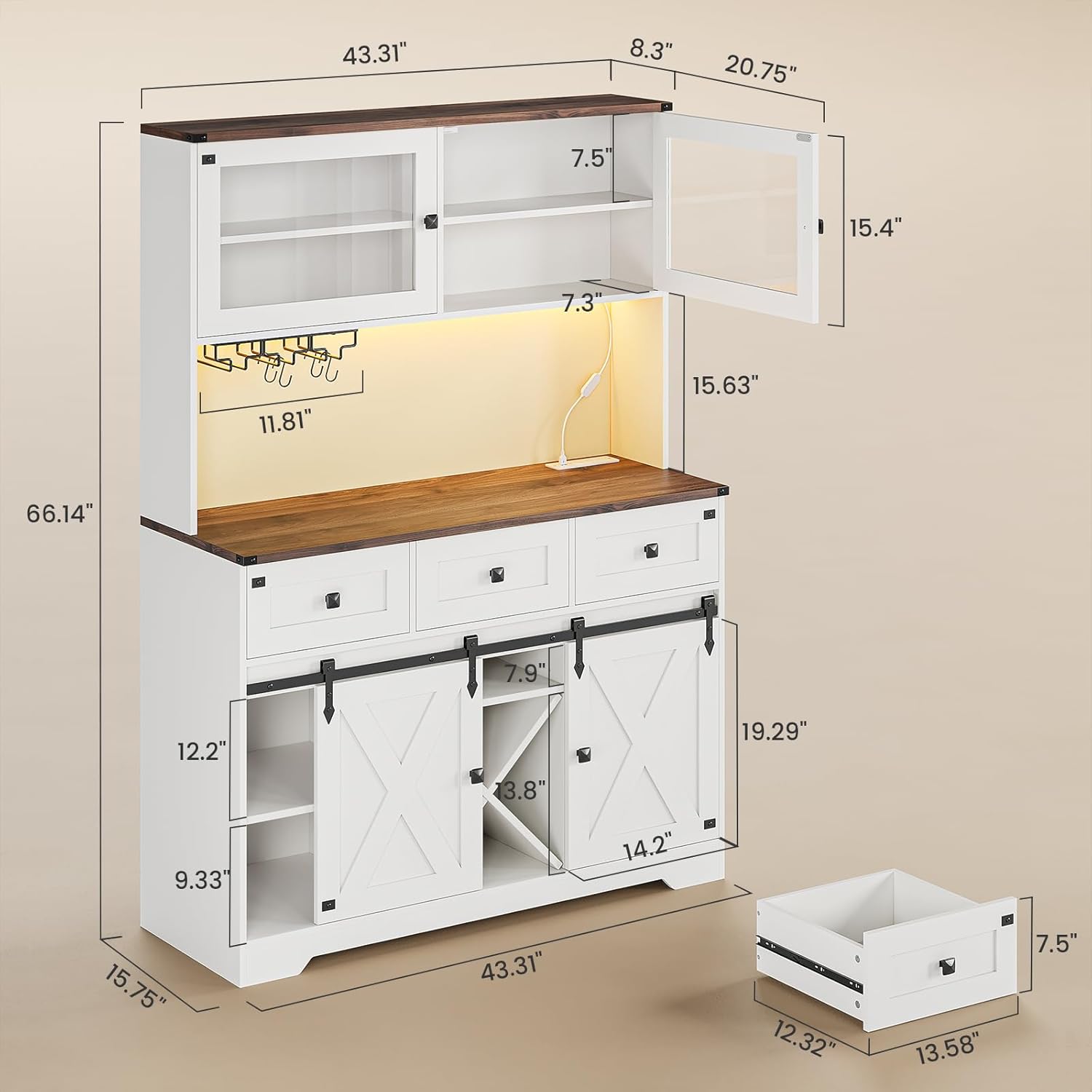 DICTAC Farmhouse Buffet Cabinet with Storage Coffee Bar Station Cabinet with Power Outlet and LED Light, Tall Bar Cabinets with Sliding Barn Door and Wine Glass Rack for Kitchen, Living Room,White - Grand Goldman