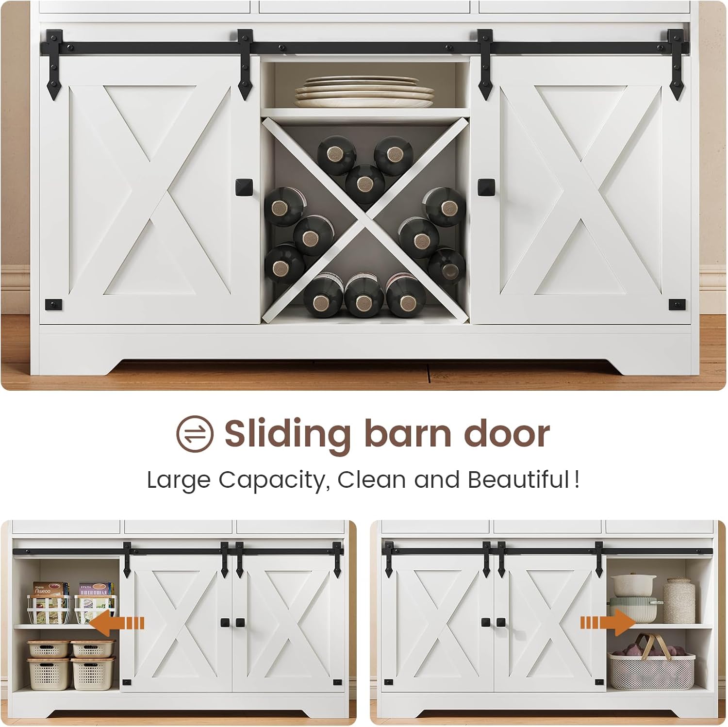 DICTAC Farmhouse Buffet Cabinet with Storage Coffee Bar Station Cabinet with Power Outlet and LED Light, Tall Bar Cabinets with Sliding Barn Door and Wine Glass Rack for Kitchen, Living Room,White - Grand Goldman