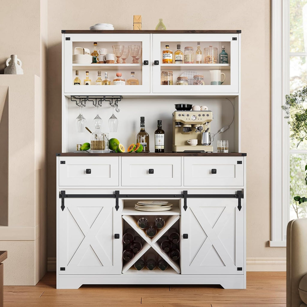 DICTAC Farmhouse Buffet Cabinet with Storage Coffee Bar Station Cabinet with Power Outlet and LED Light, Tall Bar Cabinets with Sliding Barn Door and Wine Glass Rack for Kitchen, Living Room,White - Grand Goldman