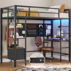 DICTAC Loft Bed Twin Size with Desk and Charging Station Metal Loft Bed with Led Lights,Storage Shelves and Drawers Twin Bed Frame with Clothes Rail,Safety Guard & Ladder,No Box Spring Needed,Black - Grand Goldman