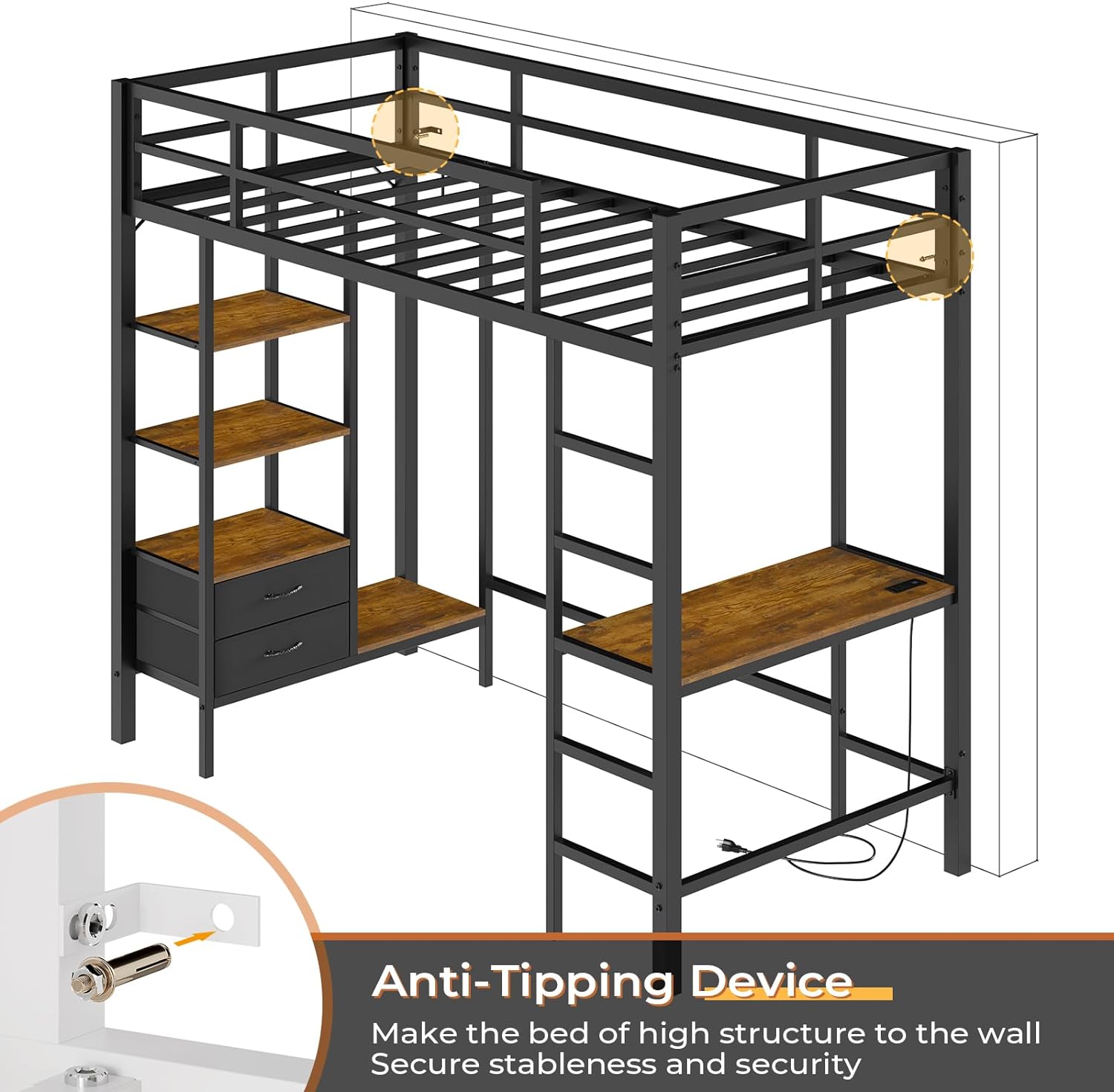 DICTAC Loft Bed Twin Size with Desk and Charging Station Metal Loft Bed with Led Lights,Storage Shelves and Drawers Twin Bed Frame with Clothes Rail,Safety Guard & Ladder,No Box Spring Needed,Black - Grand Goldman
