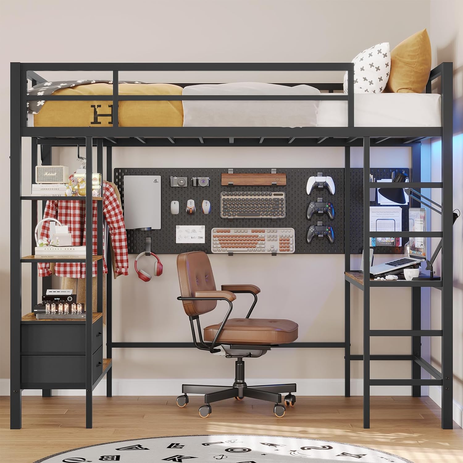 DICTAC Loft Bed Twin Size with Desk and Charging Station Metal Loft Bed with Led Lights,Storage Shelves and Drawers Twin Bed Frame with Clothes Rail,Safety Guard & Ladder,No Box Spring Needed,Black - Grand Goldman