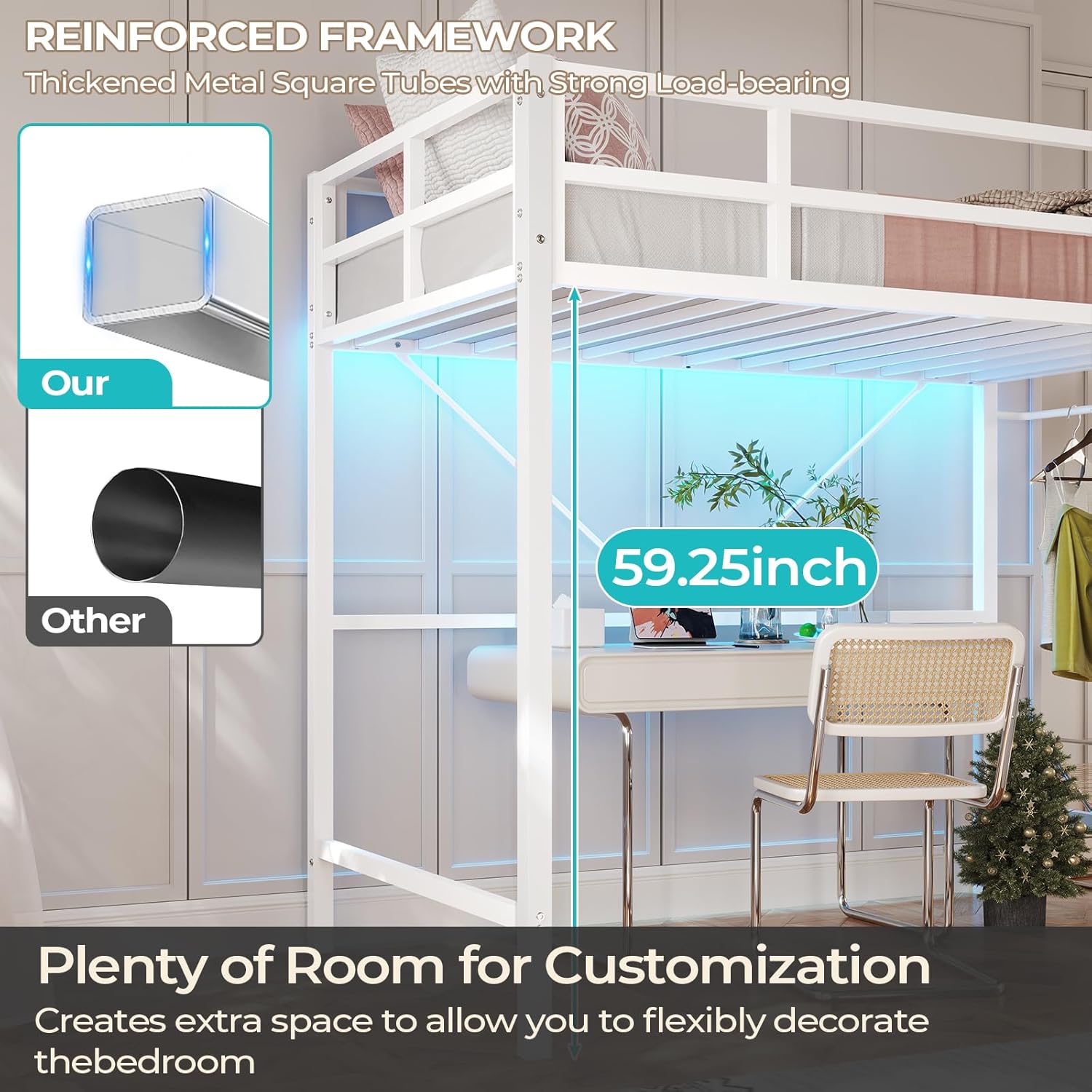 DICTAC Loft Bed Twin Size with Led Lights Heavy Duty Metal Junior Twin Loft Bed Frame with Full-Length Guardrail and Ladder, Noise-Free, Space-Saving, No Box Spring Needed, White - Grand Goldman