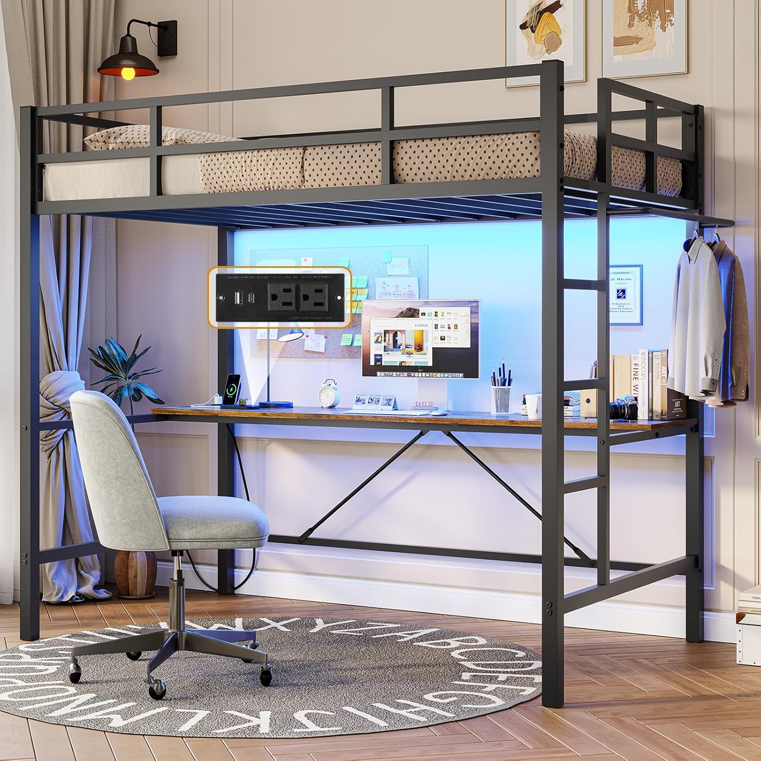 DICTAC Loft Bed Twin Size with Led Lights Heavy Duty Metal Junior Twin Loft Bed Frame with Full-Length Guardrail and Ladder, Noise-Free, Space-Saving, No Box Spring Needed, White - Grand Goldman
