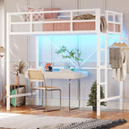 DICTAC Loft Bed Twin Size with Led Lights Heavy Duty Metal Junior Twin Loft Bed Frame with Full-Length Guardrail and Ladder, Noise-Free, Space-Saving, No Box Spring Needed, White - Grand Goldman