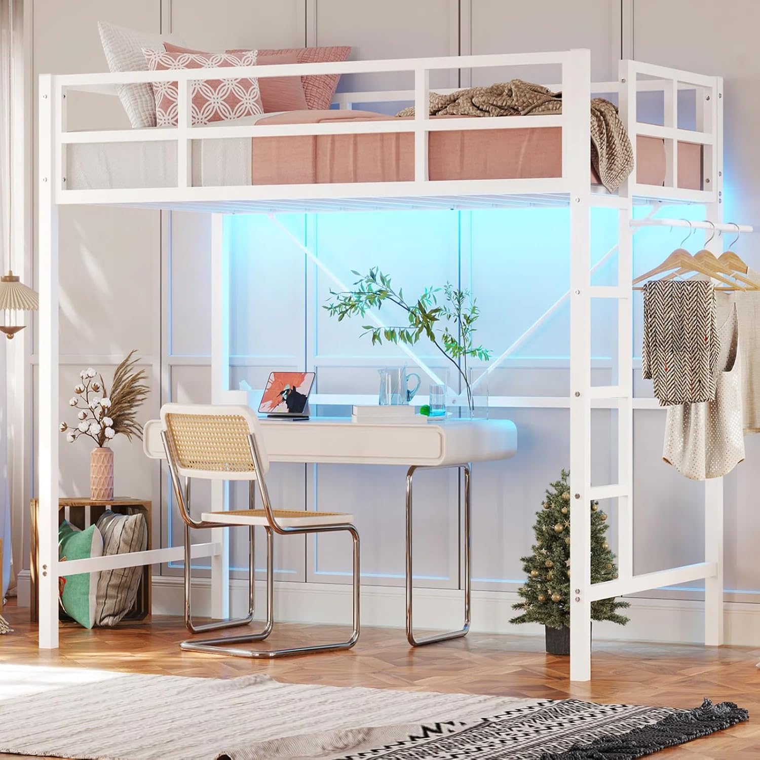 DICTAC Loft Bed Twin Size with Led Lights Heavy Duty Metal Junior Twin Loft Bed Frame with Full-Length Guardrail and Ladder, Noise-Free, Space-Saving, No Box Spring Needed, White - Grand Goldman