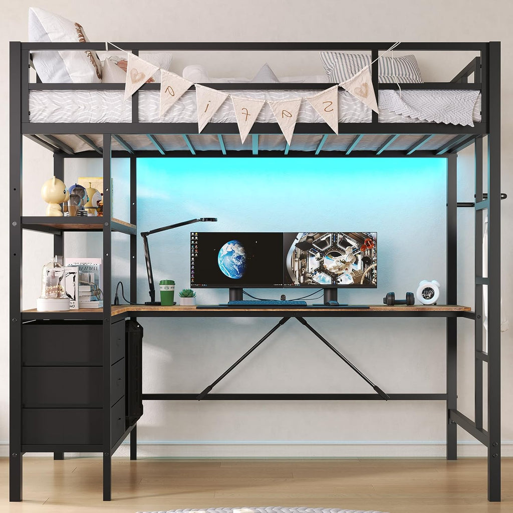 DICTAC Twin Metal Loft Bed with L-Shaped Desk, LED Lights,Charging Station LED Loft Bed Frame Twin Size with 3 Storage Shelves and 3 Fabric Drawers, Safety Guard & Ladder, No Box Spring Needed, Black - Grand Goldman