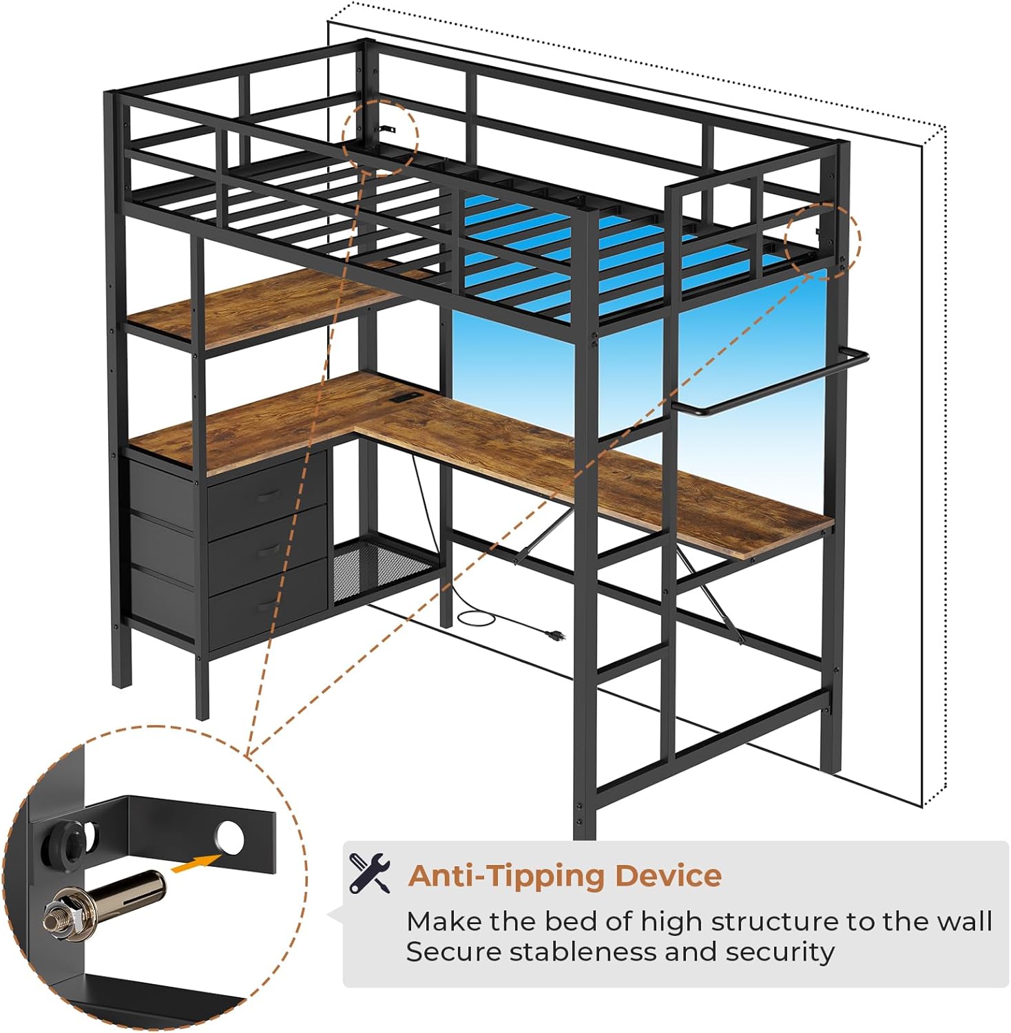DICTAC Twin Metal Loft Bed with L-Shaped Desk, LED Lights,Charging Station LED Loft Bed Frame Twin Size with 3 Storage Shelves and 3 Fabric Drawers, Safety Guard & Ladder, No Box Spring Needed, Black - Grand Goldman