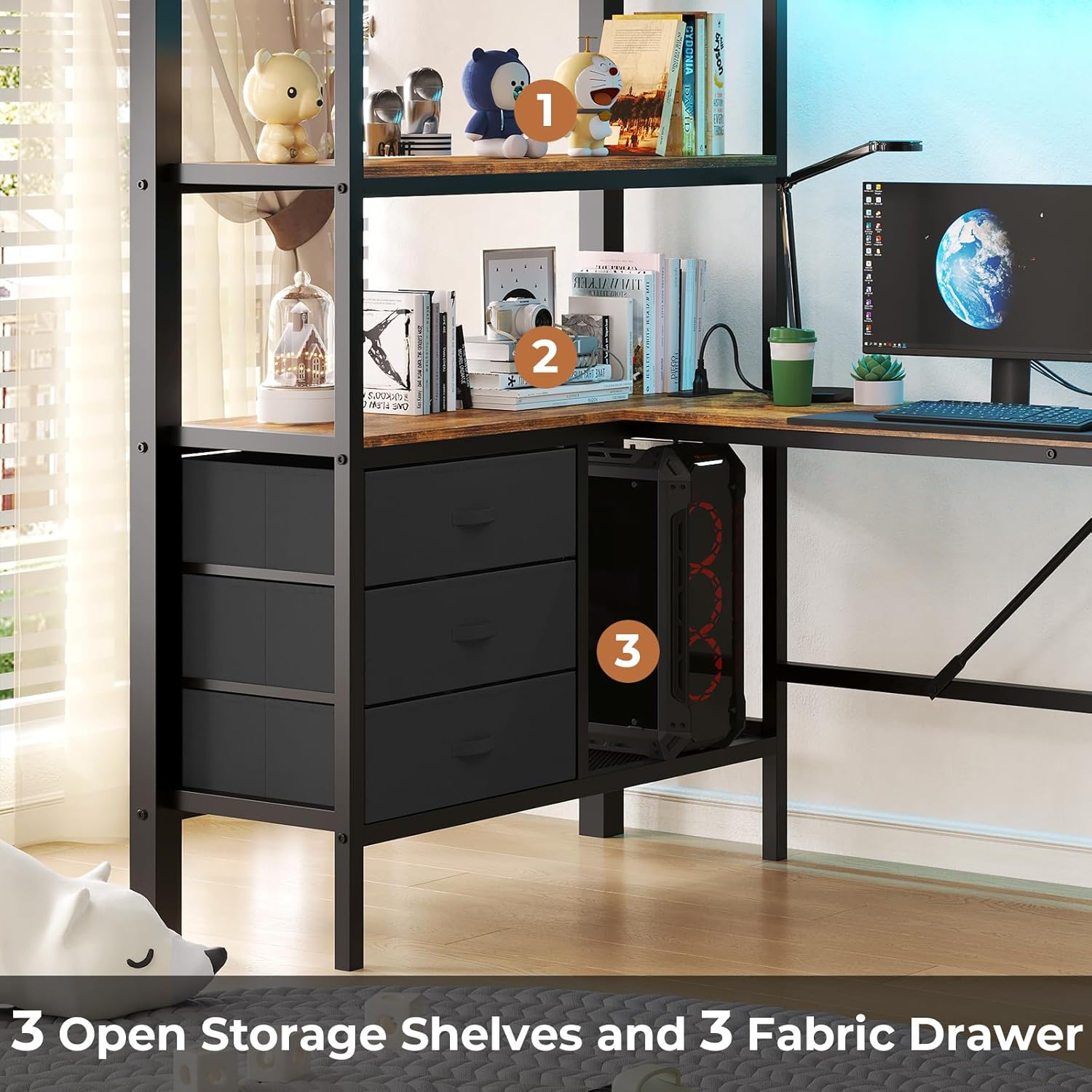 DICTAC Twin Metal Loft Bed with L-Shaped Desk, LED Lights,Charging Station LED Loft Bed Frame Twin Size with 3 Storage Shelves and 3 Fabric Drawers, Safety Guard & Ladder, No Box Spring Needed, Black - Grand Goldman