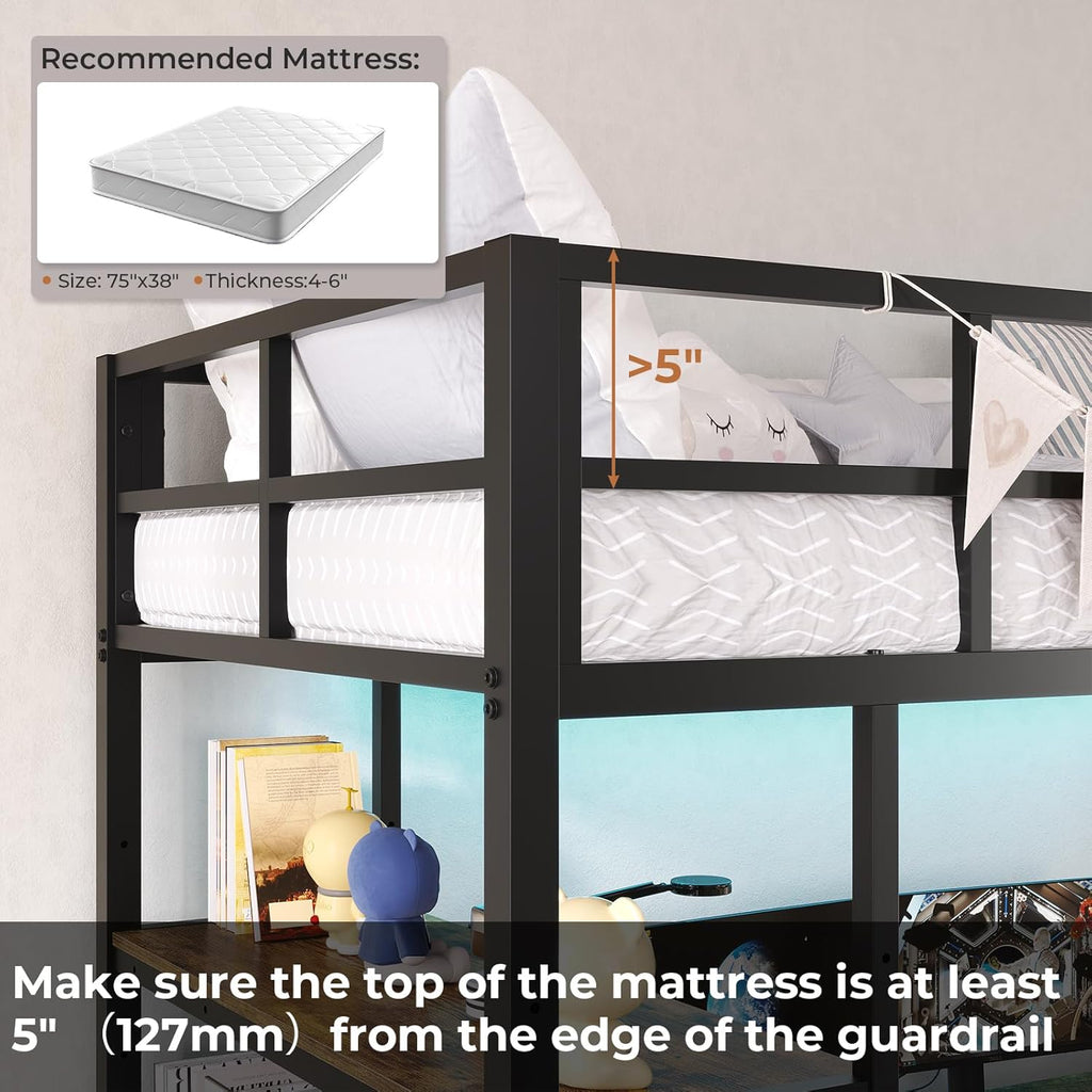 DICTAC Twin Metal Loft Bed with L-Shaped Desk, LED Lights,Charging Station LED Loft Bed Frame Twin Size with 3 Storage Shelves and 3 Fabric Drawers, Safety Guard & Ladder, No Box Spring Needed, Black - Grand Goldman