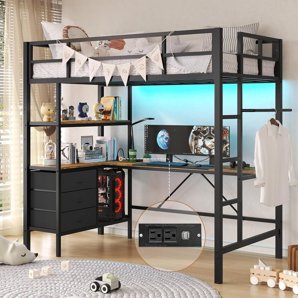 DICTAC Twin Metal Loft Bed with L-Shaped Desk, LED Lights,Charging Station LED Loft Bed Frame Twin Size with 3 Storage Shelves and 3 Fabric Drawers, Safety Guard & Ladder, No Box Spring Needed, Black - Grand Goldman