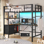 DICTAC Twin Metal Loft Bed with L-Shaped Desk, LED Lights,Charging Station LED Loft Bed Frame Twin Size with 3 Storage Shelves and 3 Fabric Drawers, Safety Guard & Ladder, No Box Spring Needed, Black - Grand Goldman