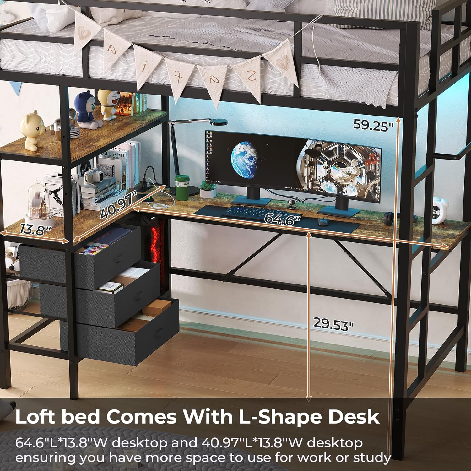 DICTAC Twin Metal Loft Bed with L-Shaped Desk, LED Lights,Charging Station LED Loft Bed Frame Twin Size with 3 Storage Shelves and 3 Fabric Drawers, Safety Guard & Ladder, No Box Spring Needed, Black - Grand Goldman