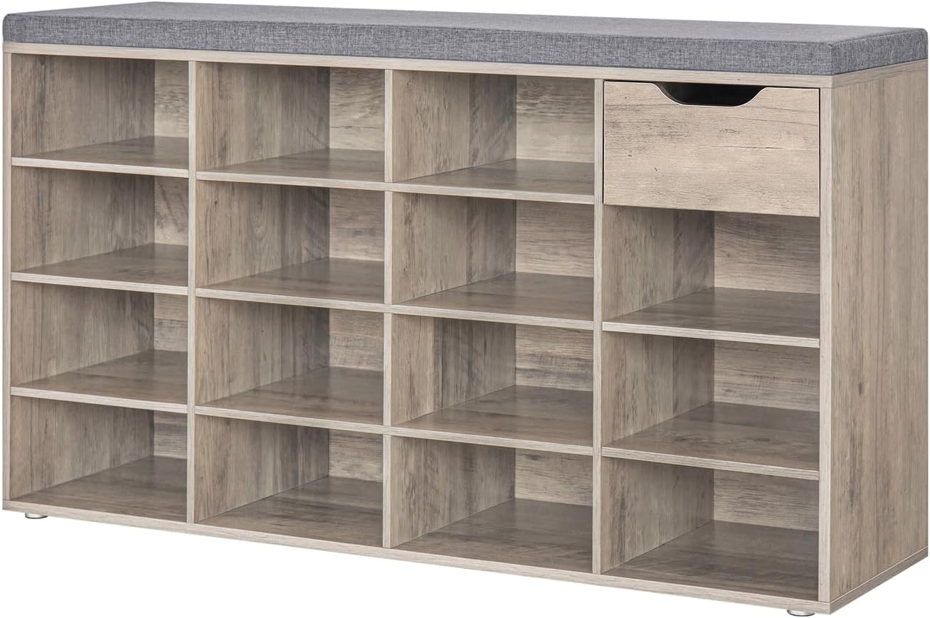 DINZI LVJ Shoe Bench, Entryway Storage Bench with Drawer and 11 Cubbies, Cubby Shoe Rack with Adjustable Shelves, Shoe Organizer Cabinet for Living Room, Bedroom, Mudroom, Closet and Garage, Greige - Grand Goldman