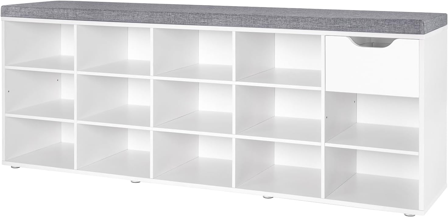 DINZI LVJ Shoe Bench, Entryway Storage Bench with Drawer and 11 Cubbies, Cubby Shoe Rack with Adjustable Shelves, Shoe Organizer Cabinet for Living Room, Bedroom, Mudroom, Closet and Garage, Greige - Grand Goldman