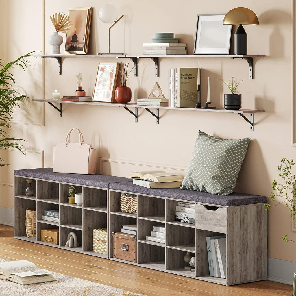 DINZI LVJ Shoe Bench, Entryway Storage Bench with Drawer and 11 Cubbies, Cubby Shoe Rack with Adjustable Shelves, Shoe Organizer Cabinet for Living Room, Bedroom, Mudroom, Closet and Garage, Greige - Grand Goldman