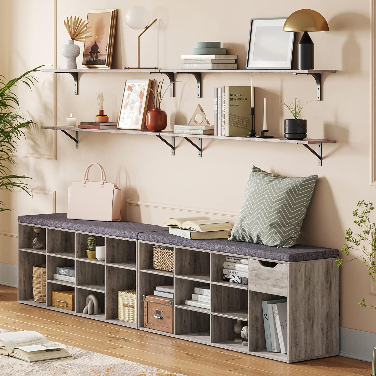 DINZI LVJ Shoe Bench, Entryway Storage Bench with Drawer and 11 Cubbies, Cubby Shoe Rack with Adjustable Shelves, Shoe Organizer Cabinet for Living Room, Bedroom, Mudroom, Closet and Garage, Greige - Grand Goldman