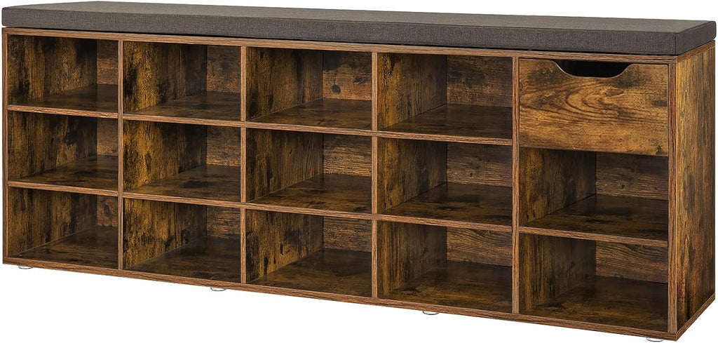 DINZI LVJ Shoe Bench, Entryway Storage Bench with Drawer and 11 Cubbies, Cubby Shoe Rack with Adjustable Shelves, Shoe Organizer Cabinet for Living Room, Bedroom, Mudroom, Closet and Garage, Greige - Grand Goldman