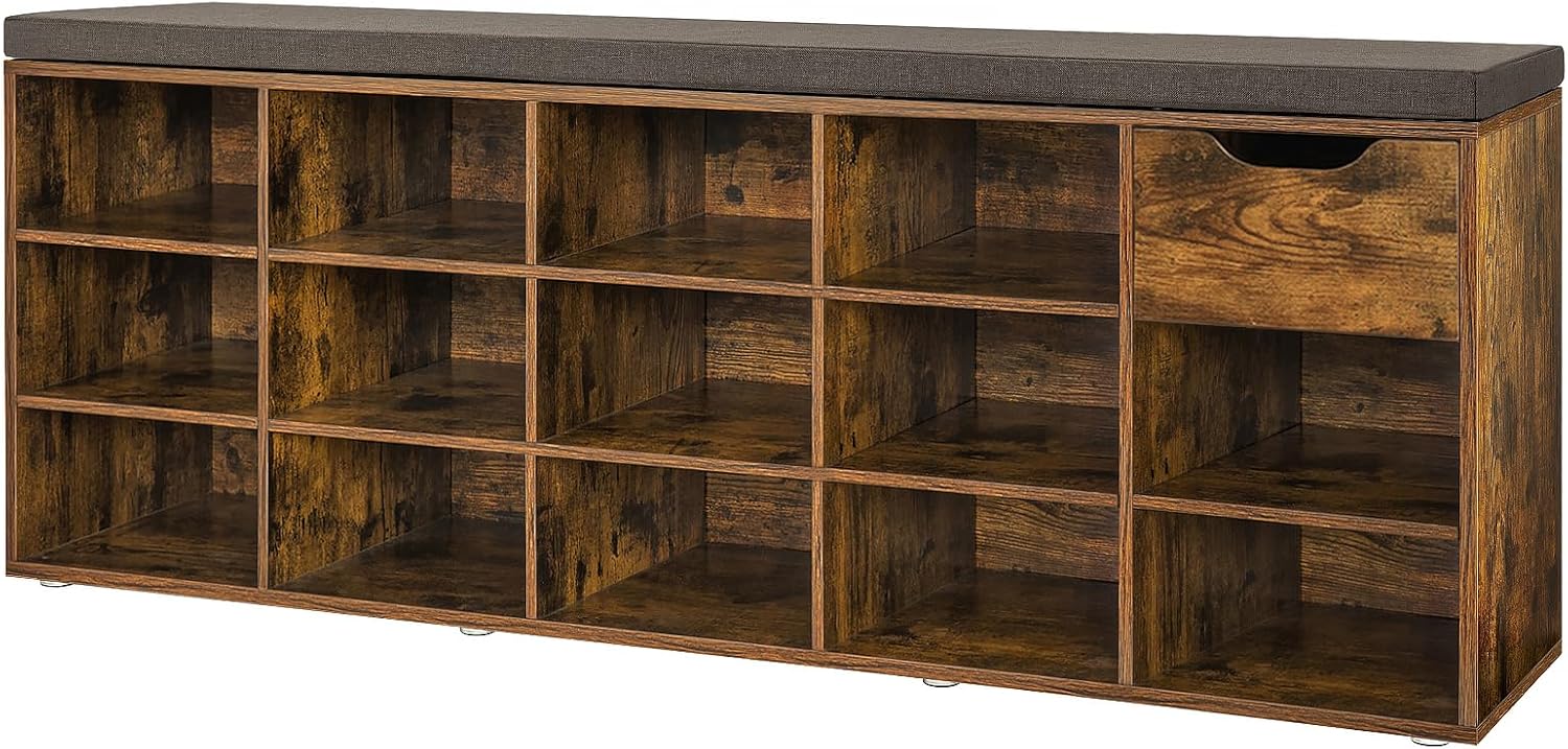 DINZI LVJ Shoe Bench, Entryway Storage Bench with Drawer and 11 Cubbies, Cubby Shoe Rack with Adjustable Shelves, Shoe Organizer Cabinet for Living Room, Bedroom, Mudroom, Closet and Garage, Greige - Grand Goldman