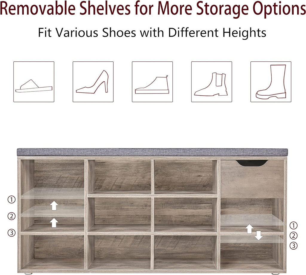 DINZI LVJ Shoe Bench, Entryway Storage Bench with Drawer and 11 Cubbies, Cubby Shoe Rack with Adjustable Shelves, Shoe Organizer Cabinet for Living Room, Bedroom, Mudroom, Closet and Garage, Greige - Grand Goldman