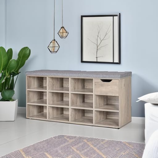 DINZI LVJ Shoe Bench, Entryway Storage Bench with Drawer and 11 Cubbies, Cubby Shoe Rack with Adjustable Shelves, Shoe Organizer Cabinet for Living Room, Bedroom, Mudroom, Closet and Garage, Greige - Grand Goldman