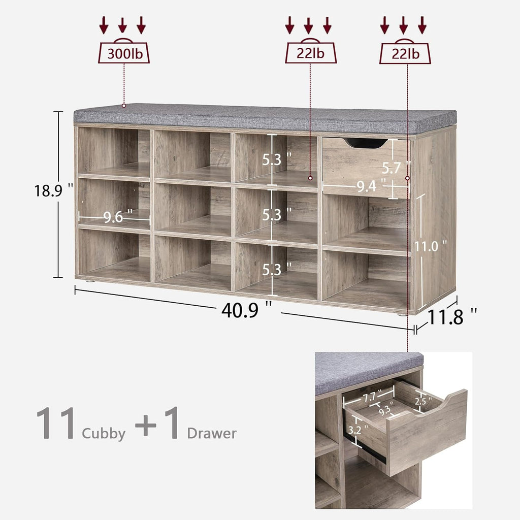 DINZI LVJ Shoe Bench, Entryway Storage Bench with Drawer and 11 Cubbies, Cubby Shoe Rack with Adjustable Shelves, Shoe Organizer Cabinet for Living Room, Bedroom, Mudroom, Closet and Garage, Greige - Grand Goldman