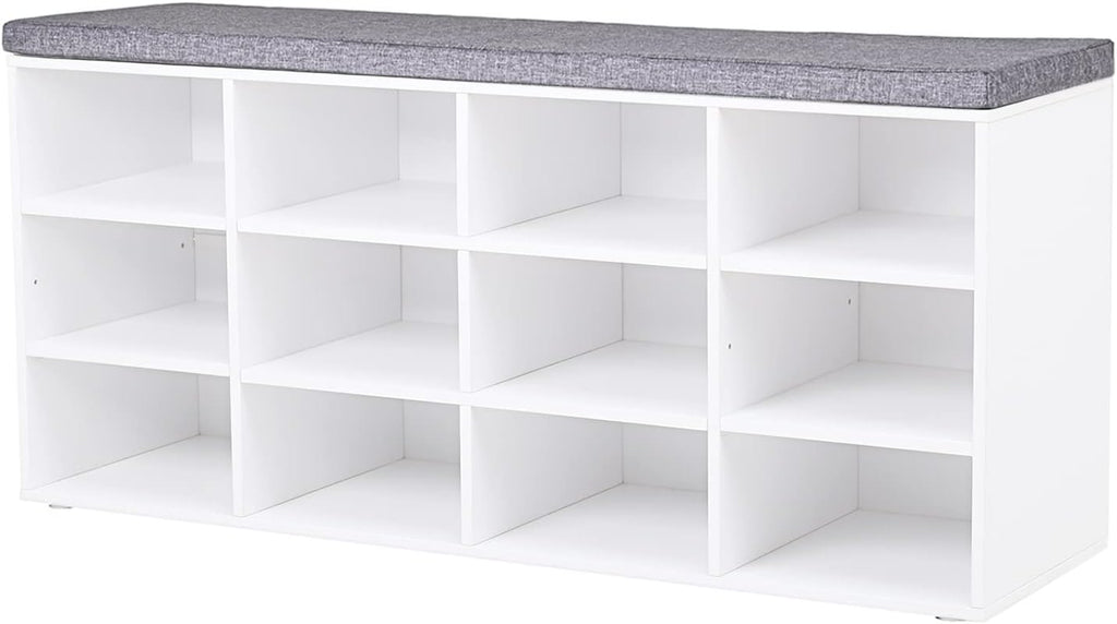 DINZI LVJ Shoe Storage Bench with Cushion, 16-Cubby Shoe Rack, Adjustable Shelves, Multifunctional Shoe Organizer Bench for Entryway, Mudroom, Hallway, Living Room, Bedroom and Garage, White - Grand Goldman