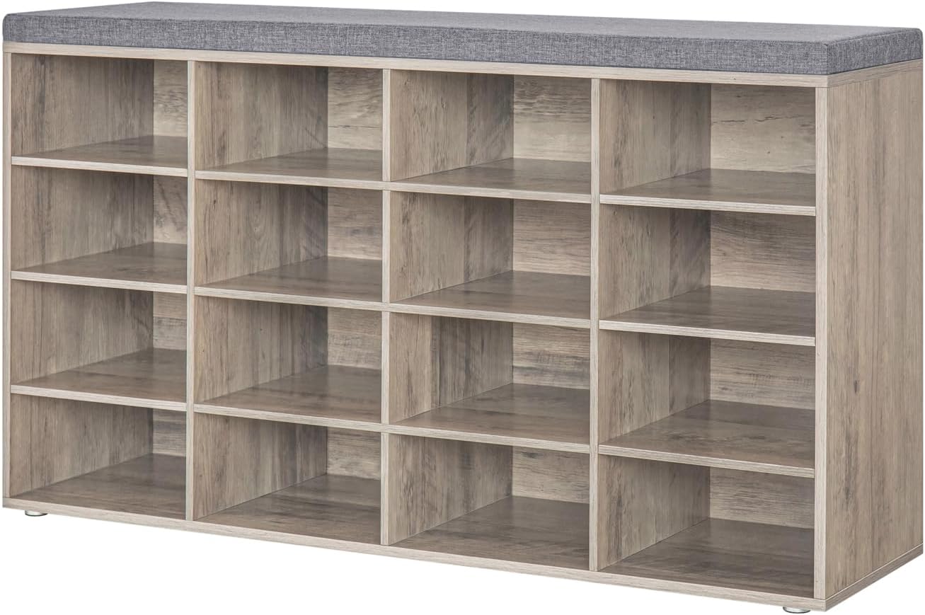 DINZI LVJ Shoe Storage Bench with Cushion, 16-Cubby Shoe Rack, Adjustable Shelves, Multifunctional Shoe Organizer Bench for Entryway, Mudroom, Hallway, Living Room, Bedroom and Garage, White - Grand Goldman