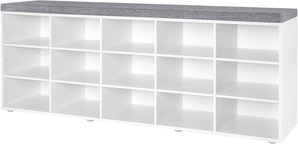 DINZI LVJ Shoe Storage Bench with Cushion, 16-Cubby Shoe Rack, Adjustable Shelves, Multifunctional Shoe Organizer Bench for Entryway, Mudroom, Hallway, Living Room, Bedroom and Garage, White - Grand Goldman