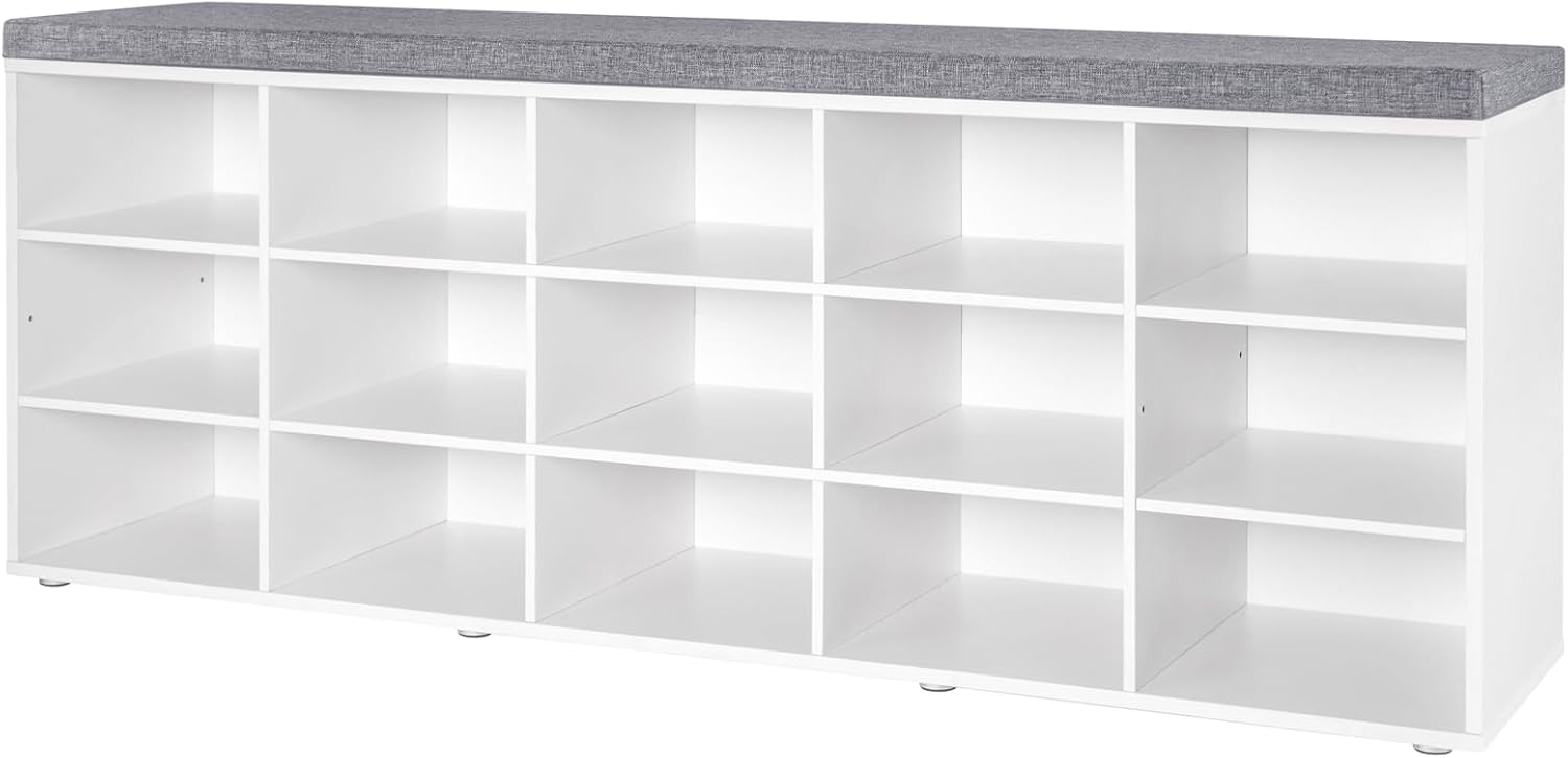 DINZI LVJ Shoe Storage Bench with Cushion, 16-Cubby Shoe Rack, Adjustable Shelves, Multifunctional Shoe Organizer Bench for Entryway, Mudroom, Hallway, Living Room, Bedroom and Garage, White - Grand Goldman