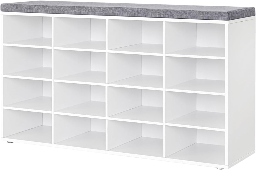DINZI LVJ Shoe Storage Bench with Cushion, 16-Cubby Shoe Rack, Adjustable Shelves, Multifunctional Shoe Organizer Bench for Entryway, Mudroom, Hallway, Living Room, Bedroom and Garage, White - Grand Goldman