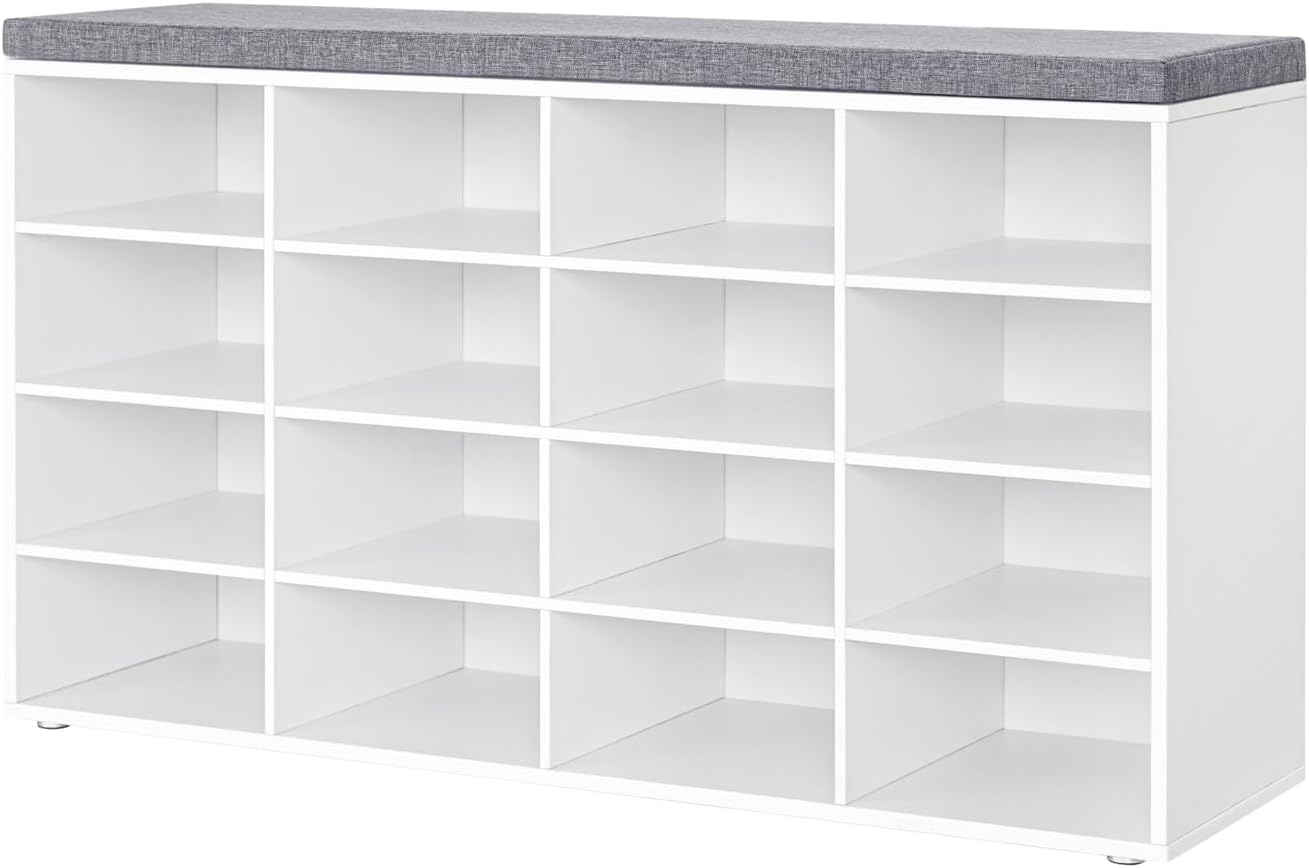 DINZI LVJ Shoe Storage Bench with Cushion, 16-Cubby Shoe Rack, Adjustable Shelves, Multifunctional Shoe Organizer Bench for Entryway, Mudroom, Hallway, Living Room, Bedroom and Garage, White - Grand Goldman