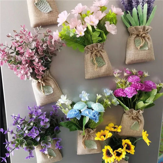 DIY Artificial Flower with Linen Bag Fake Flowers with Magnet Fridge Magnetic Stickers  Simulation Flower Home Decor - Grand Goldman