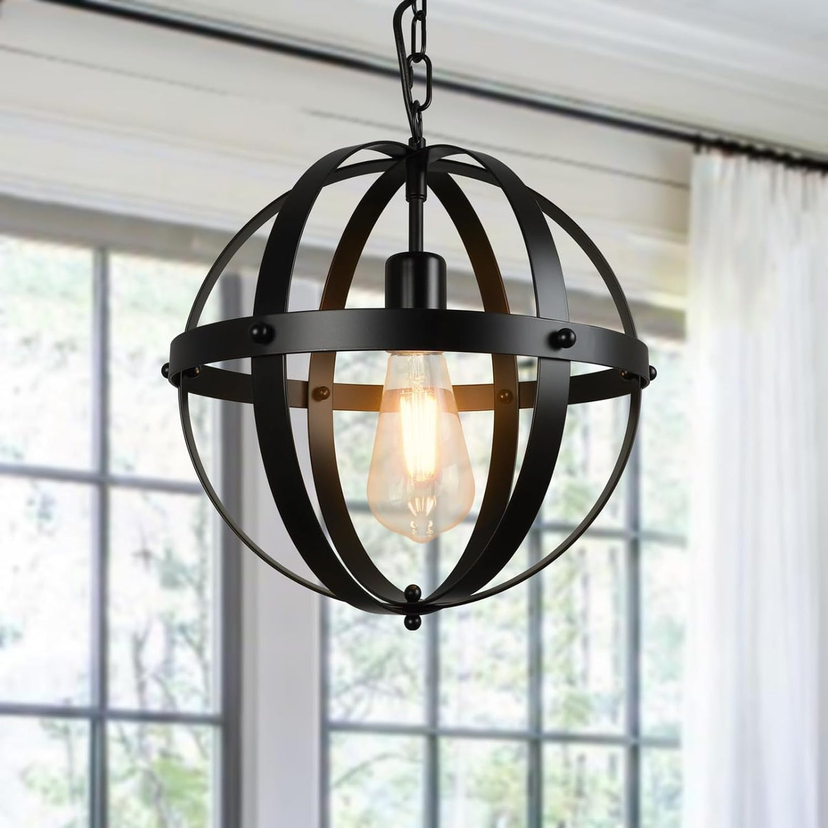 DLLT Vintage Pendant Hanging Light Fixtures, Flush Mount Ceiling Chandelier Lamp with Metal Spherical Shade for Kitchen, Dining Room, Living Room, Hallway, Entryway 3-Light, E12 Base-Matte Black - Grand Goldman