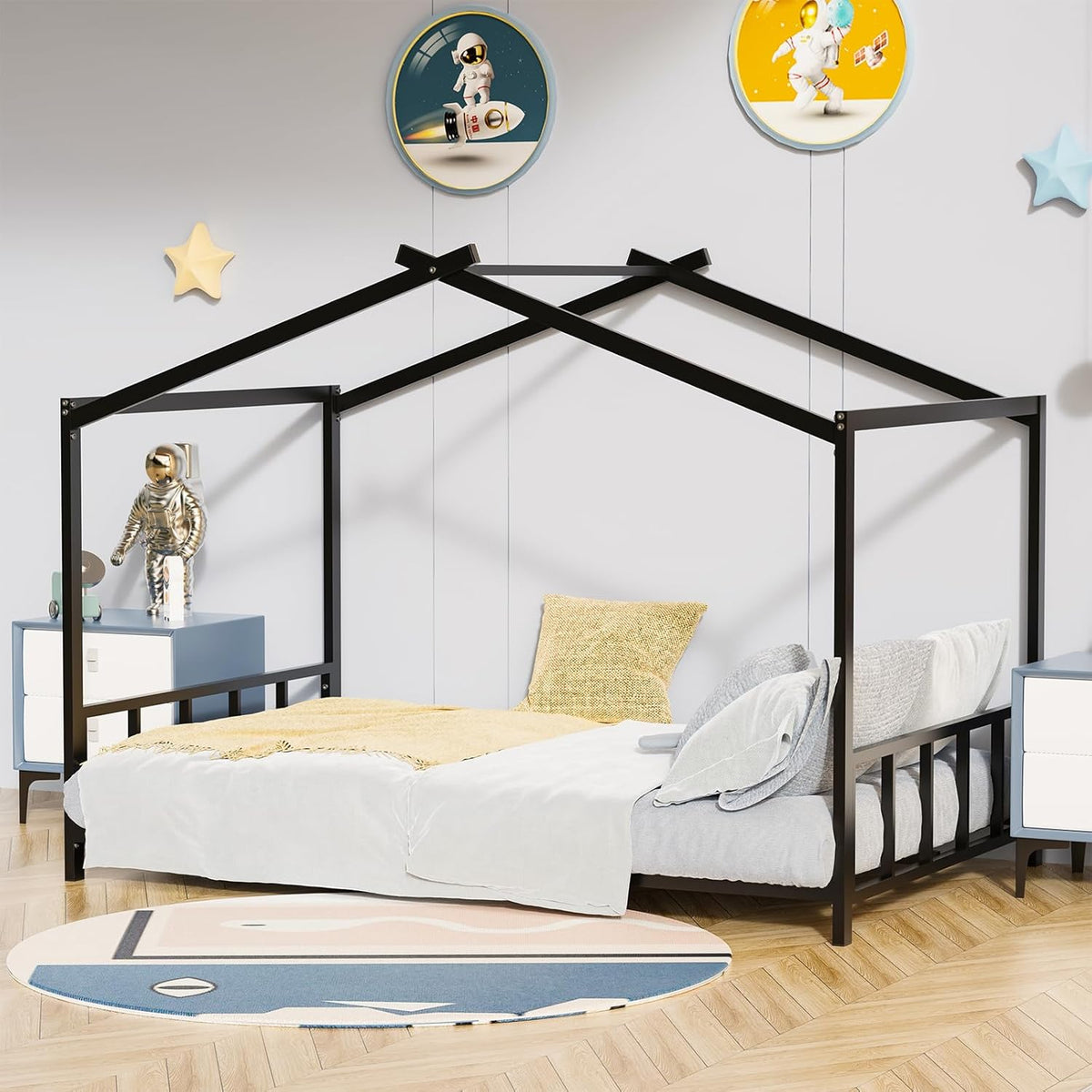 DNYN Full Size Loft Bed with Desk & Shelves & Sockets & USB Ports & Wireless Charging Design,Sturdy Metal Bedframe w/Ladder & Safety Guardrails,Perfect for Dorm,Bedroom,Guest Room, Black - Grand Goldman