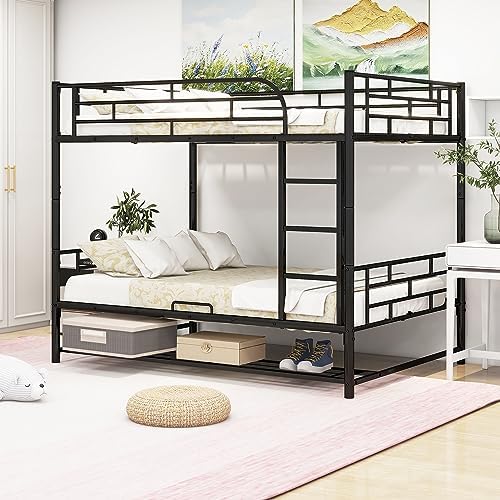 DNYN Full Size Loft Bed with Desk & Shelves & Sockets & USB Ports & Wireless Charging Design,Sturdy Metal Bedframe w/Ladder & Safety Guardrails,Perfect for Dorm,Bedroom,Guest Room, Black - Grand Goldman