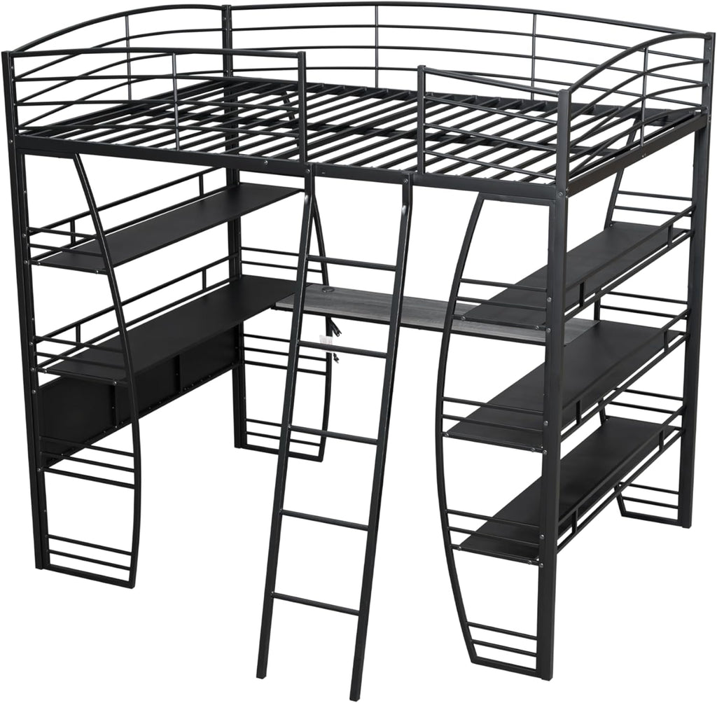 DNYN Full Size Loft Bed with Desk & Shelves & Sockets & USB Ports & Wireless Charging Design,Sturdy Metal Bedframe w/Ladder & Safety Guardrails,Perfect for Dorm,Bedroom,Guest Room, Black - Grand Goldman