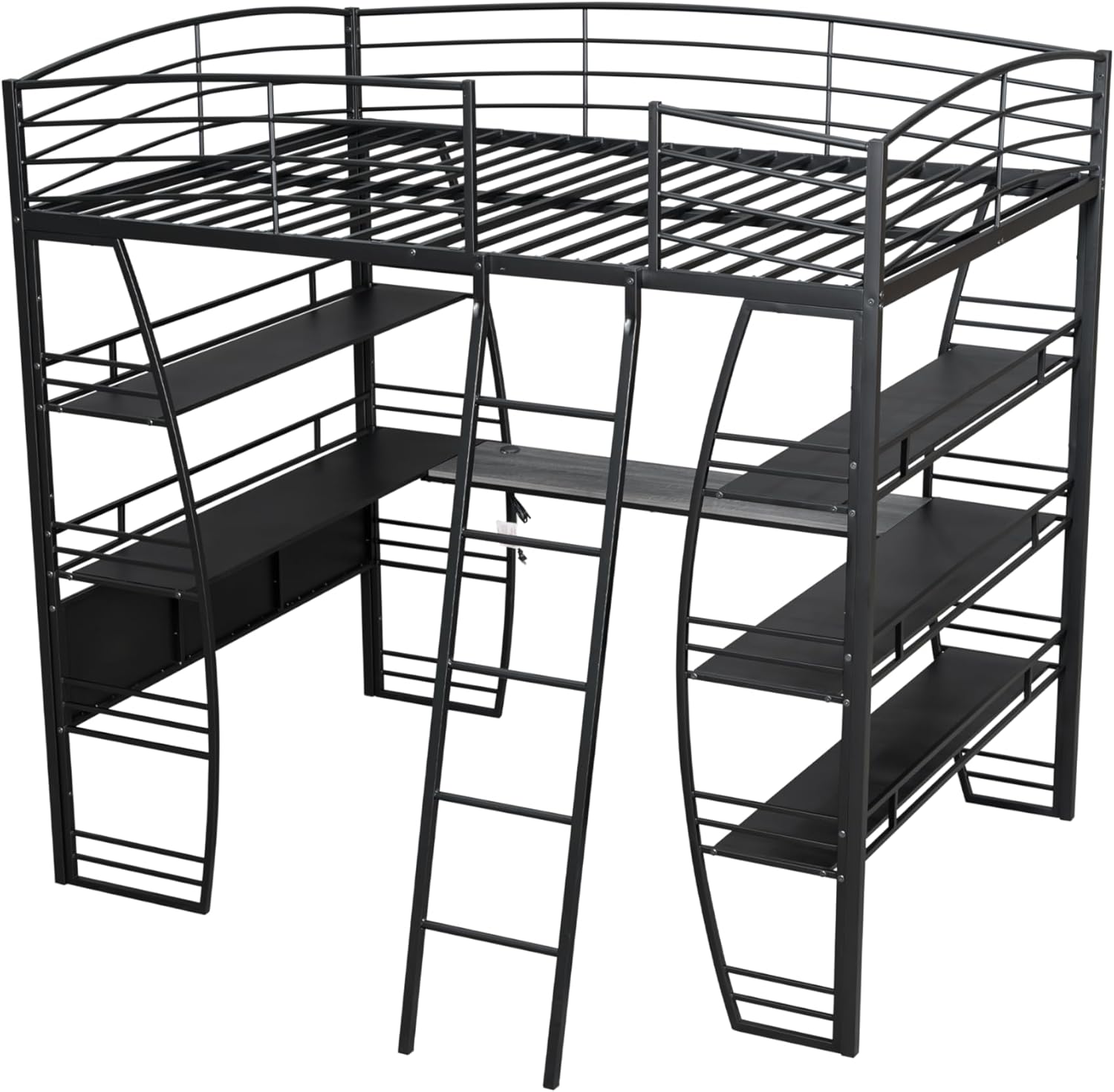 DNYN Full Size Loft Bed with Desk & Shelves & Sockets & USB Ports & Wireless Charging Design,Sturdy Metal Bedframe w/Ladder & Safety Guardrails,Perfect for Dorm,Bedroom,Guest Room, Black - Grand Goldman