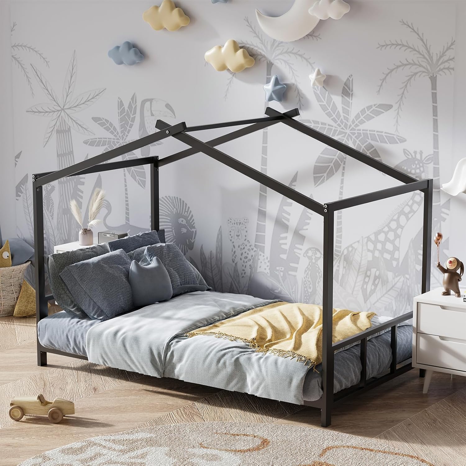 DNYN Full Size Loft Bed with Desk & Shelves & Sockets & USB Ports & Wireless Charging Design,Sturdy Metal Bedframe w/Ladder & Safety Guardrails,Perfect for Dorm,Bedroom,Guest Room, Black - Grand Goldman