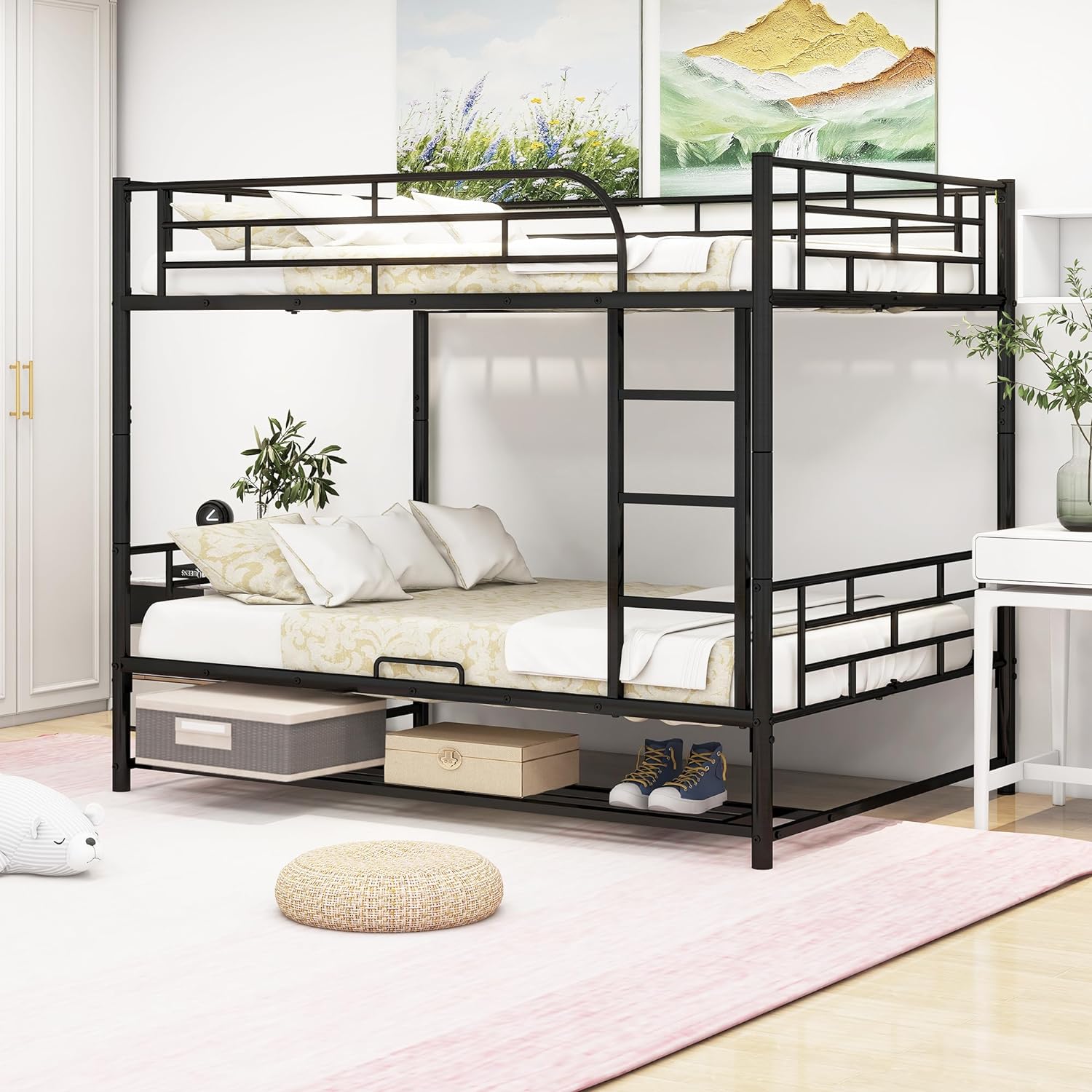 DNYN Full Size Loft Bed with Desk & Shelves & Sockets & USB Ports & Wireless Charging Design,Sturdy Metal Bedframe w/Ladder & Safety Guardrails,Perfect for Dorm,Bedroom,Guest Room, Black - Grand Goldman
