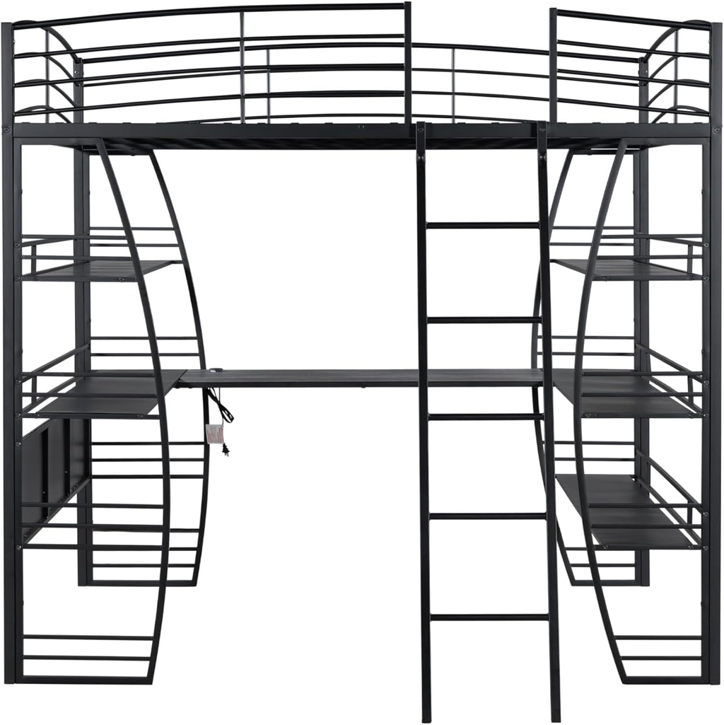 DNYN Full Size Loft Bed with Desk & Shelves & Sockets & USB Ports & Wireless Charging Design,Sturdy Metal Bedframe w/Ladder & Safety Guardrails,Perfect for Dorm,Bedroom,Guest Room, Black - Grand Goldman