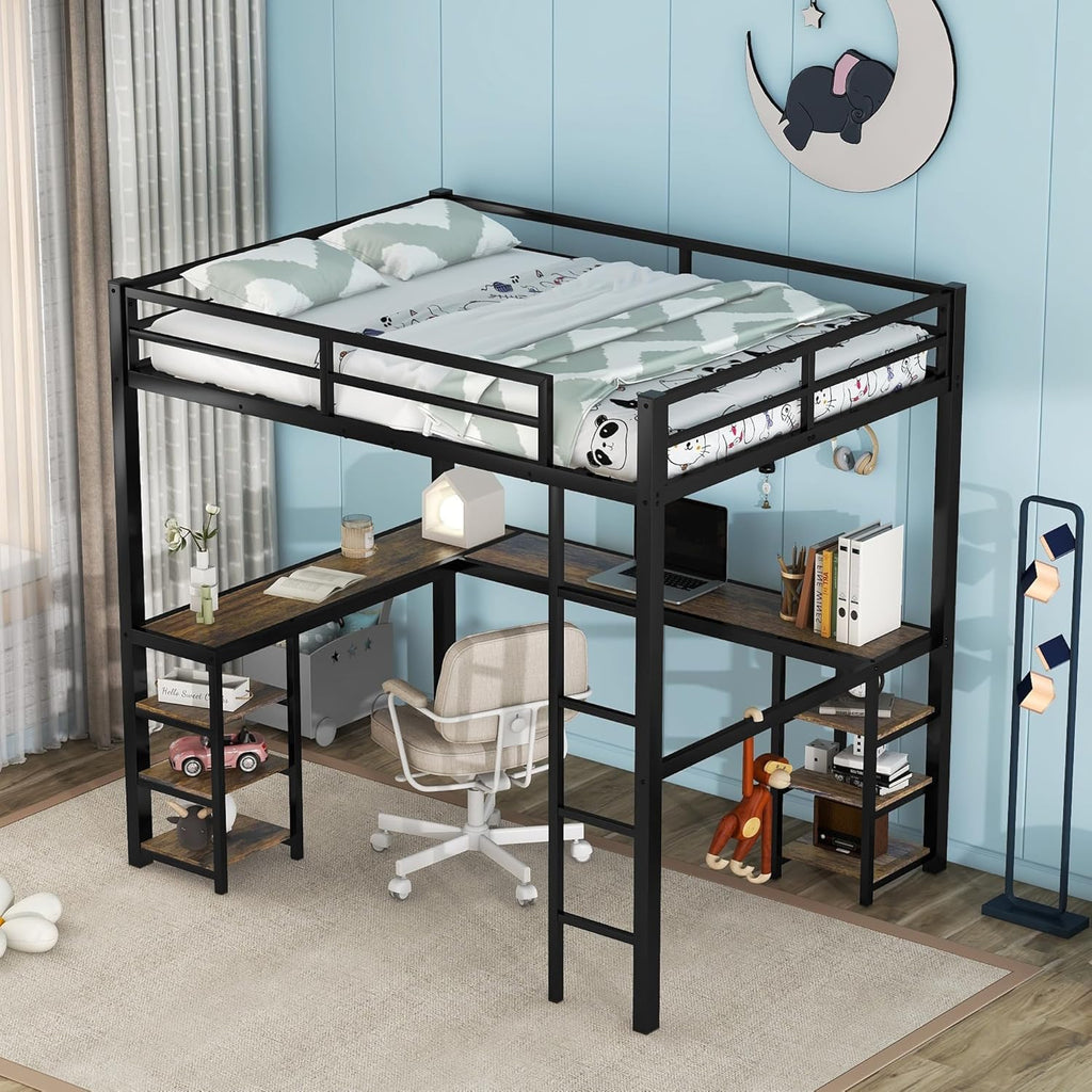 DNYN Full Size Loft Bed with Desk & Shelves & Sockets & USB Ports & Wireless Charging Design,Sturdy Metal Bedframe w/Ladder & Safety Guardrails,Perfect for Dorm,Bedroom,Guest Room, Black - Grand Goldman