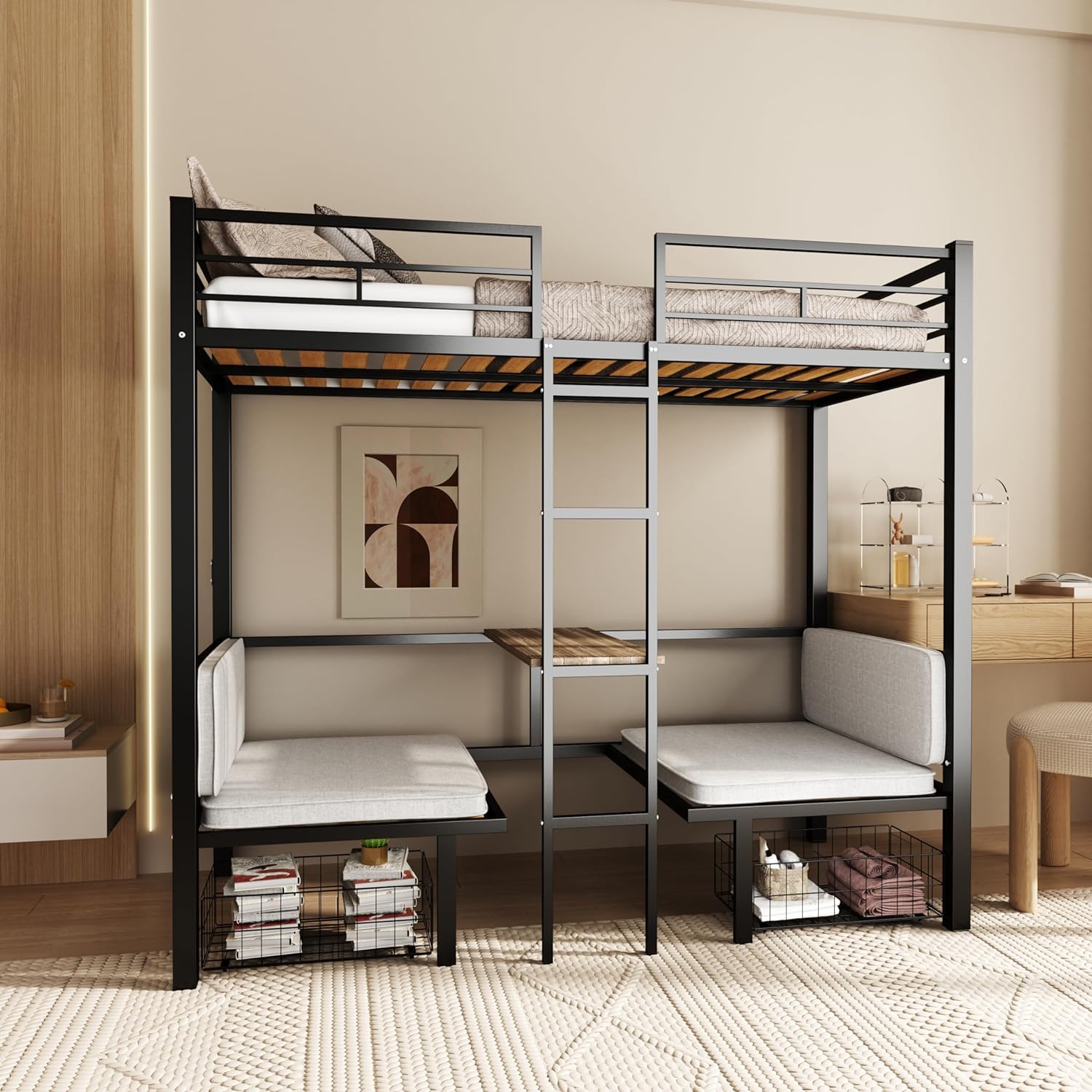 DNYN Full Size Loft Bed with Desk & Shelves & Sockets & USB Ports & Wireless Charging Design,Sturdy Metal Bedframe w/Ladder & Safety Guardrails,Perfect for Dorm,Bedroom,Guest Room, Black - Grand Goldman