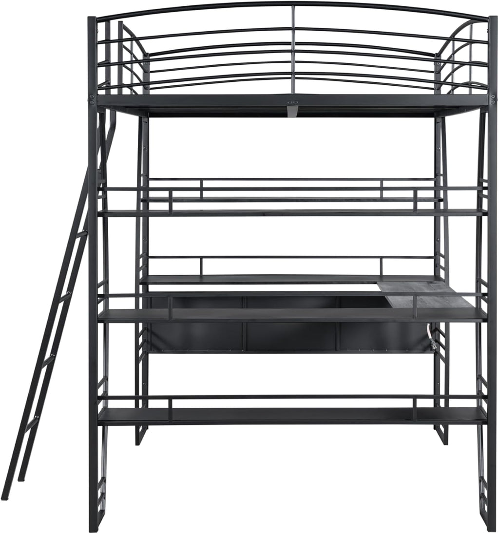 DNYN Full Size Loft Bed with Desk & Shelves & Sockets & USB Ports & Wireless Charging Design,Sturdy Metal Bedframe w/Ladder & Safety Guardrails,Perfect for Dorm,Bedroom,Guest Room, Black - Grand Goldman